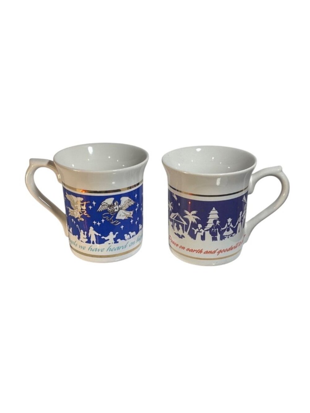 2 Robert Schuller Ministries Christmas Mugs Gold Accents Holiday Scene Vtg 1989